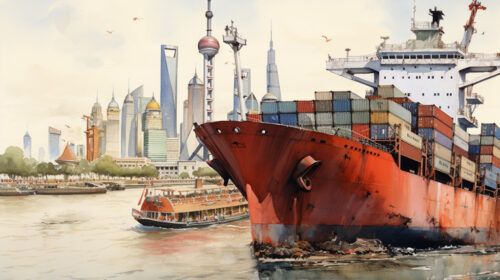 Illustration of a container ship leaving Shanghai