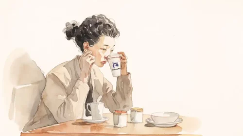 Illustration of a woman drinking Luckin coffee