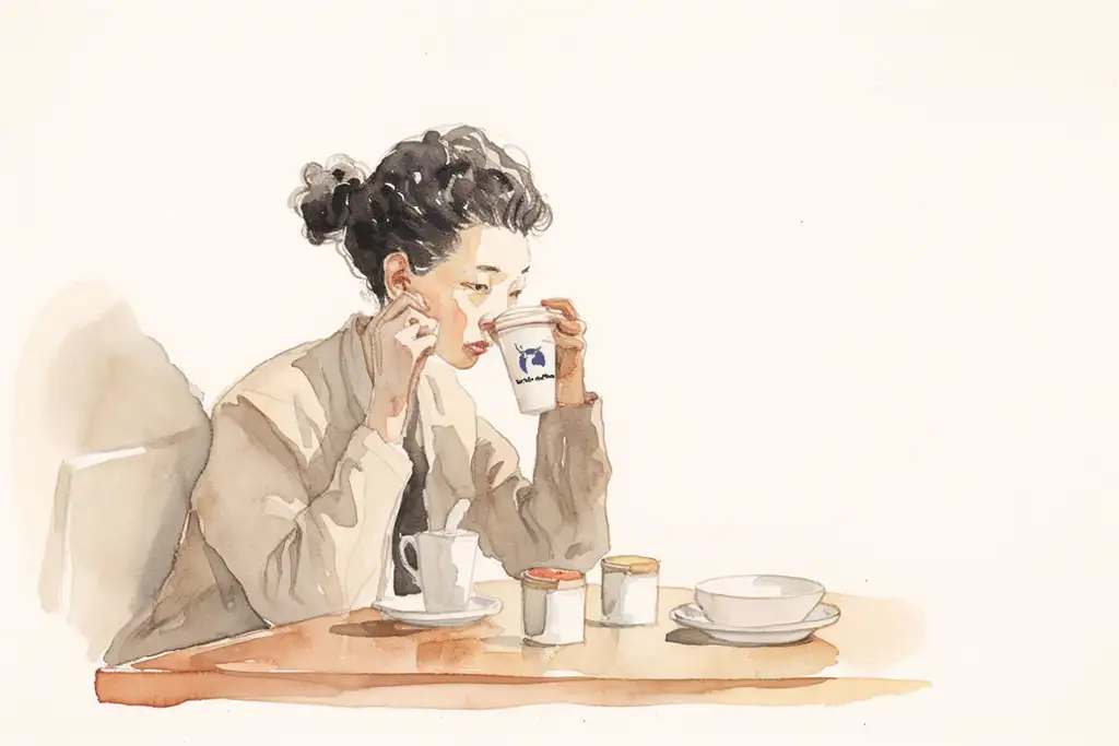 Illustration of a woman drinking Luckin coffee