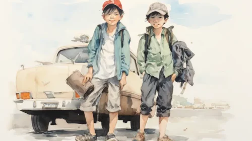 Illustration of two young men waiting for a Dida car