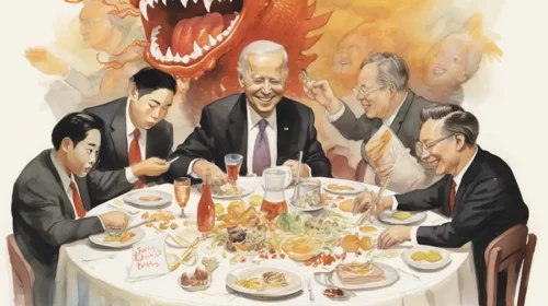 Illustration of Joe Biden having dinner with Chinese guests