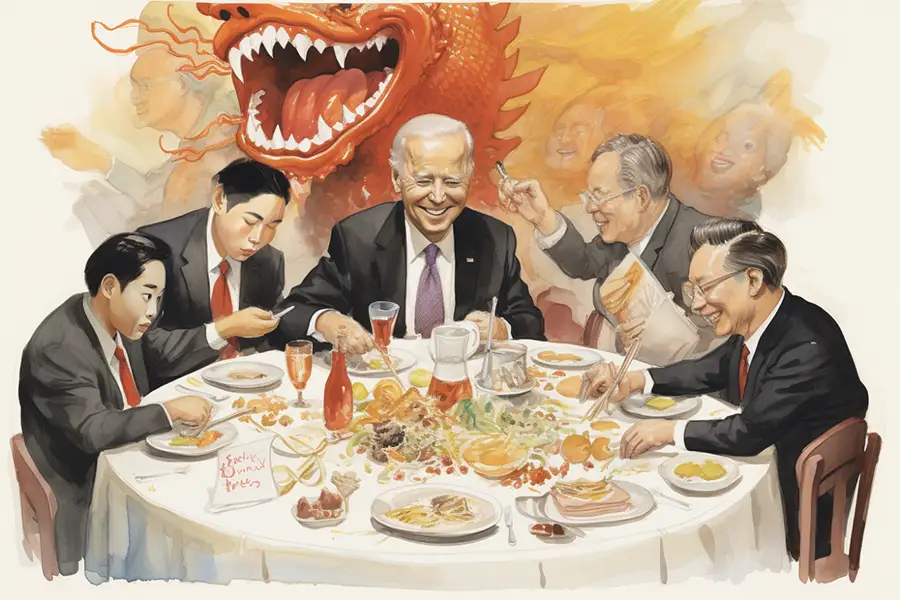 Illustration of Joe Biden having dinner with Chinese guests