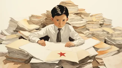 Illustration of a Chinese student who checks a lot of security data