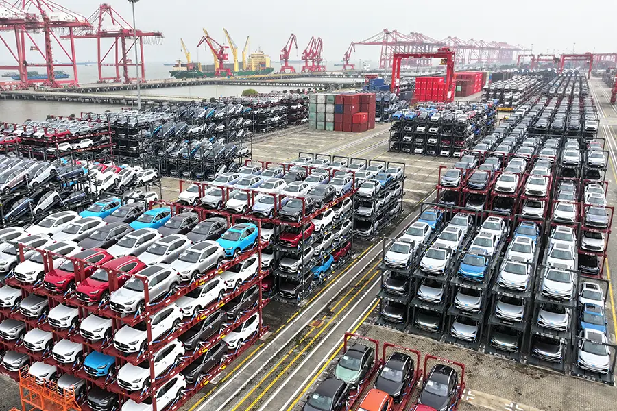 New energy vehicles waiting for shipping in Taicang, China