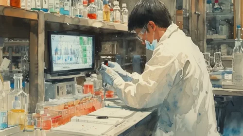 Illustration of a Chinese scientist working in a genetics lab.