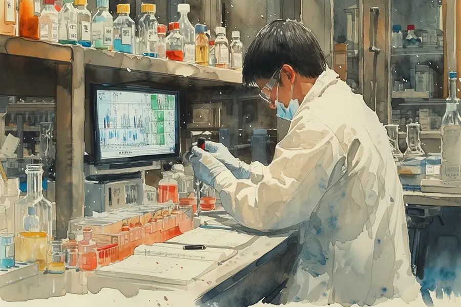 Illustration of a Chinese scientist working in a genetics lab.