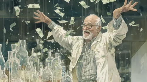 Illustration of a money burning biotech lab