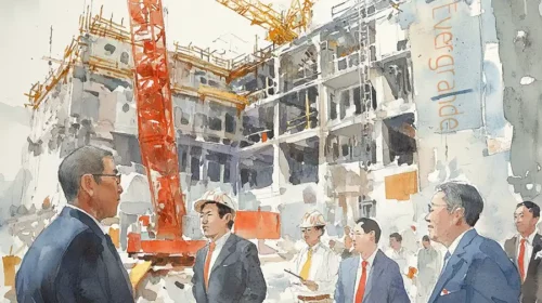 Illustration of PwC auditors working on Evergrande construction site.