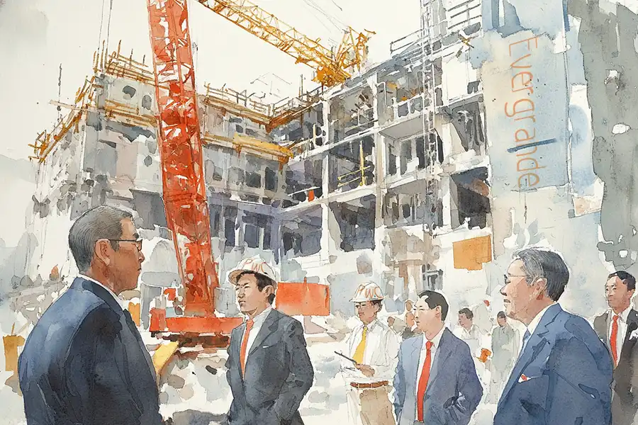 Illustration of PwC auditors working on Evergrande construction site.