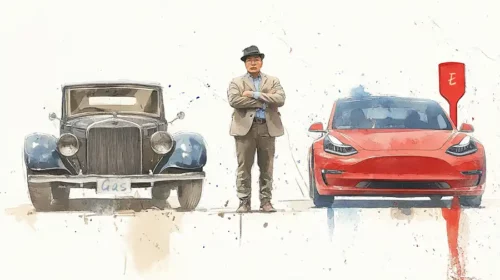 Illustration of a Chinese choosing between an EV and a gas-powered vehicle
