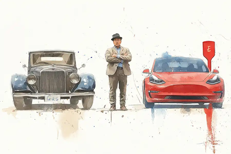 Illustration of a Chinese choosing between an EV and a gas-powered vehicle
