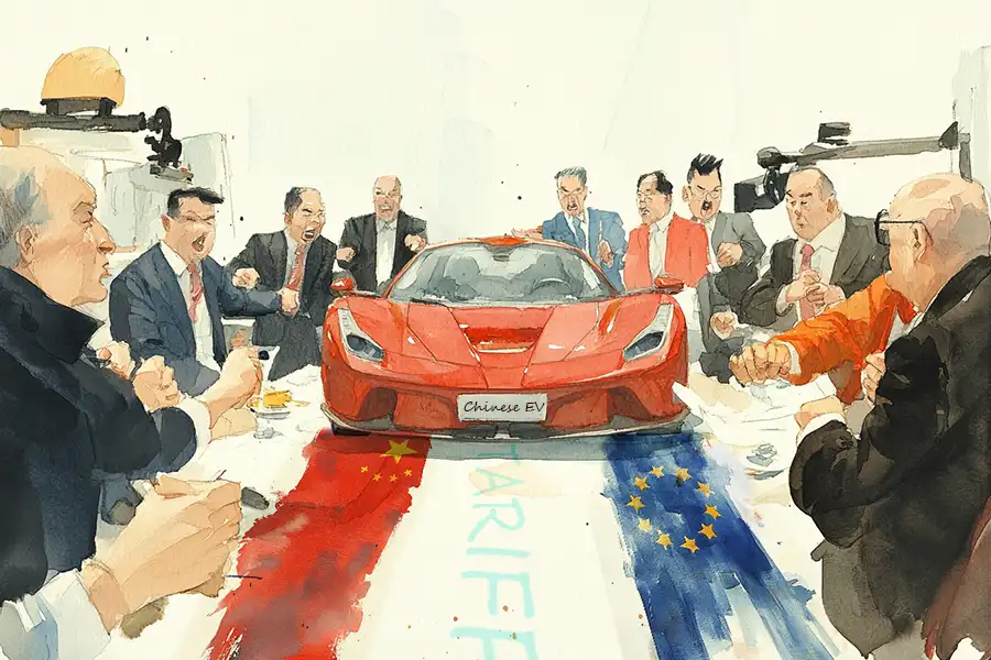 Illustration of China and EU's talk over EV tariffs
