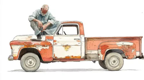 Illustration of an old GM car being repaired