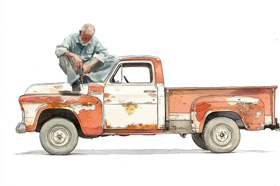 Illustration of an old GM car being repaired