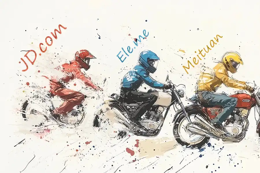 Illustration of Meituan, Ele.me and JD competing with each other
