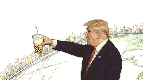 Illustration of Trump and chagee bubble tea