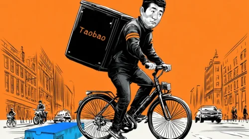 Illustration of a Taobao Shangou rider gets rid of an ele.me box